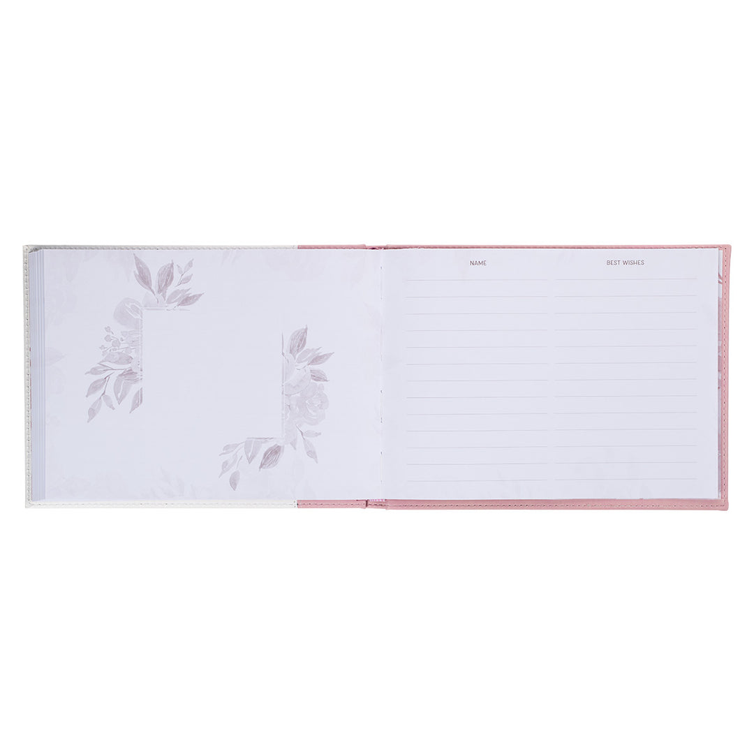 Mr & Mrs White And Pink Floral Medium Faux Leather Guest Book - 1 John 4:19