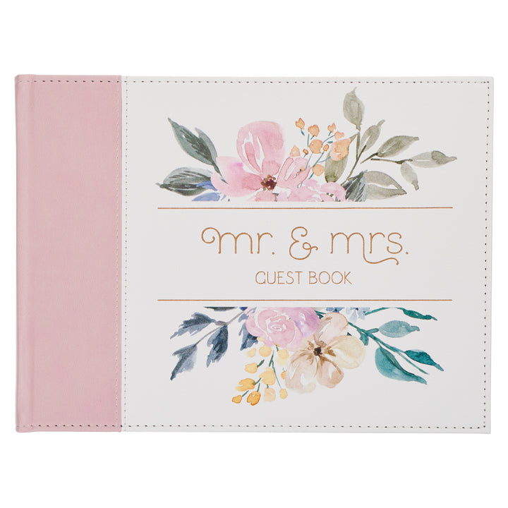 Mr & Mrs White And Pink Floral Medium Faux Leather Guest Book - 1 John 4:19