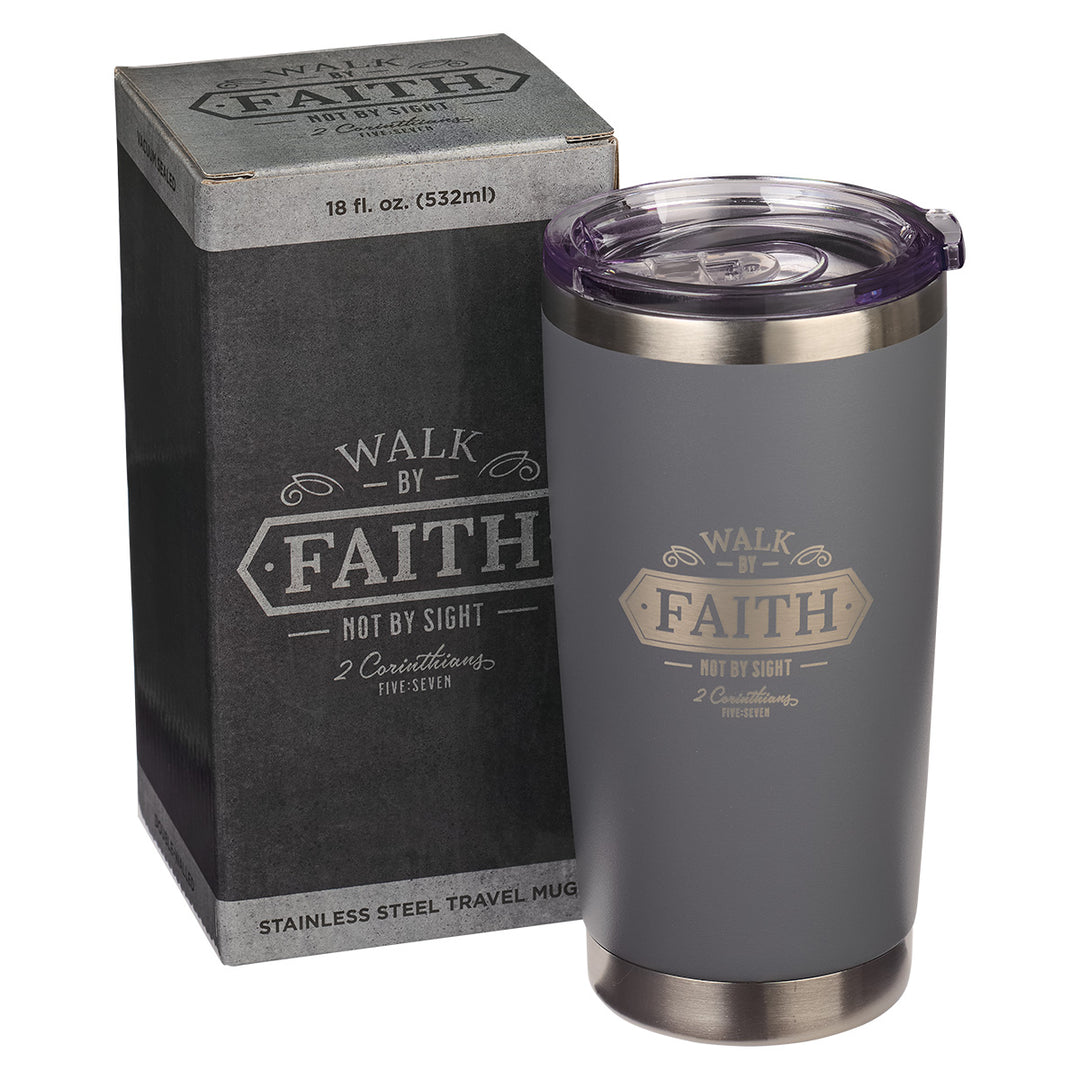 Walk By Faith Grey Stainless Steel Mug - 2 Corinthians 5:7