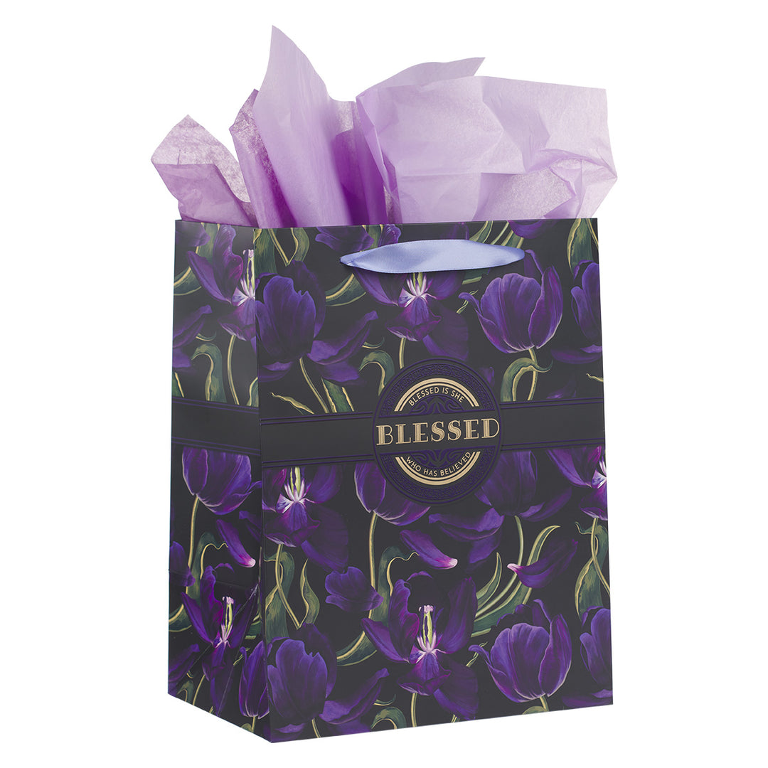 Blessed Purple Flower Large Portrait Gift Bag With Card - Luke 1:45