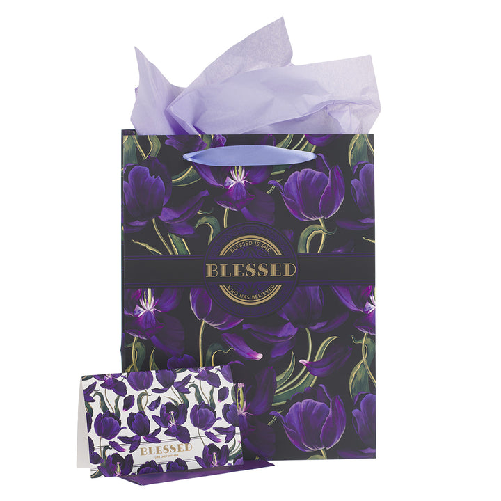 Blessed Purple Flower Large Portrait Gift Bag With Card - Luke 1:45