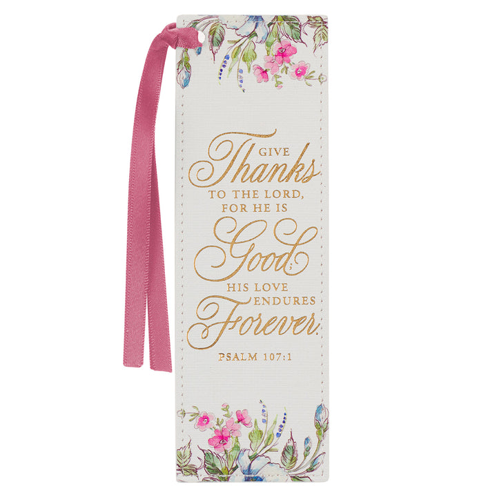 Give Thanks Cream Floral Faux Leather Pagemarker - Psalms 107:1