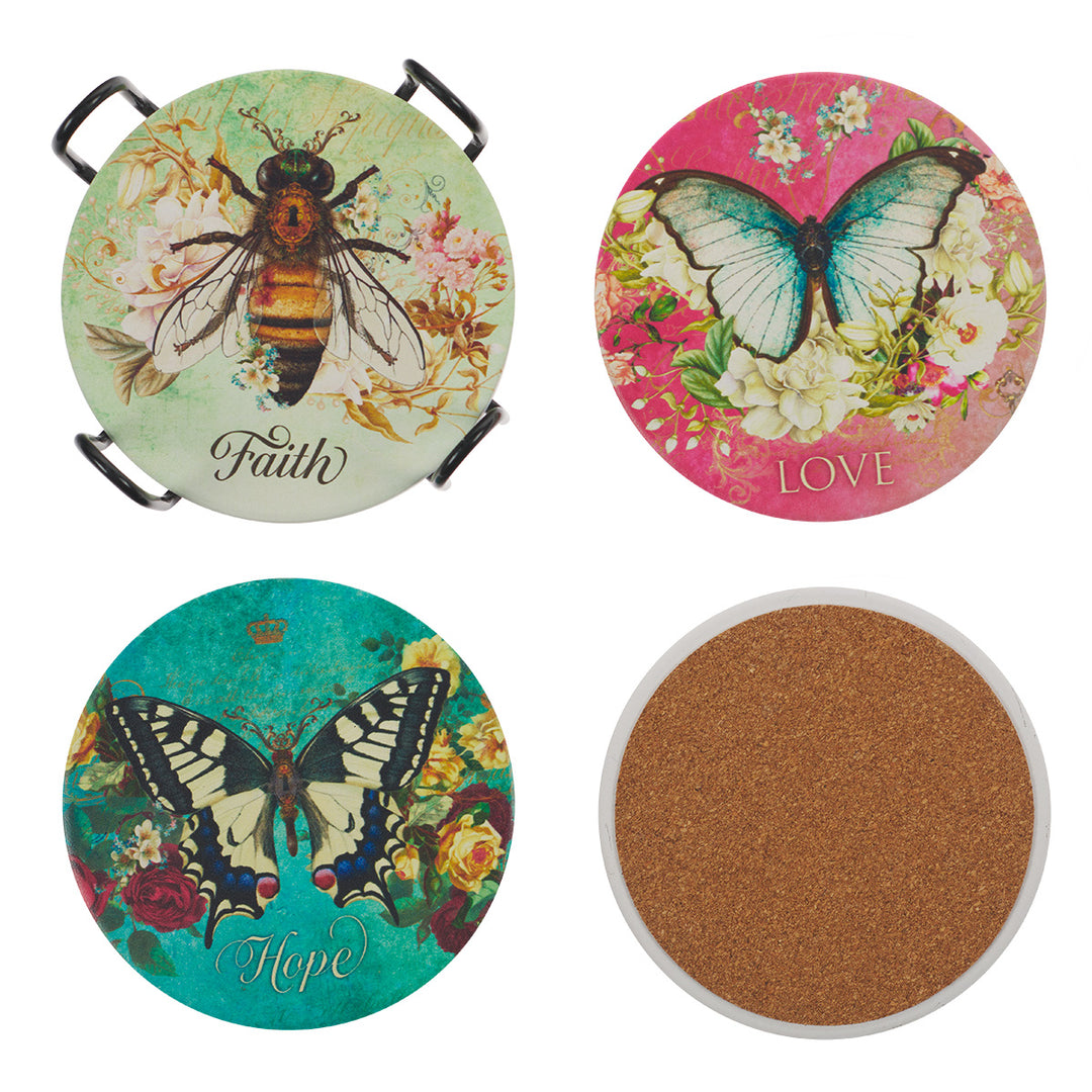 Butterflies & Bee 4-Piece Ceramic Coaster Set