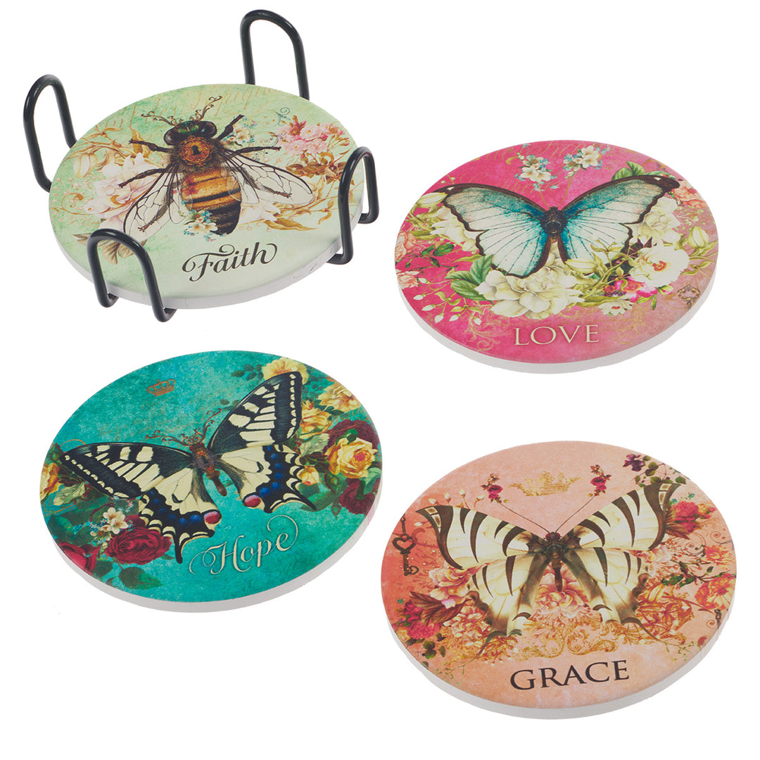 Butterflies & Bee 4-Piece Ceramic Coaster Set