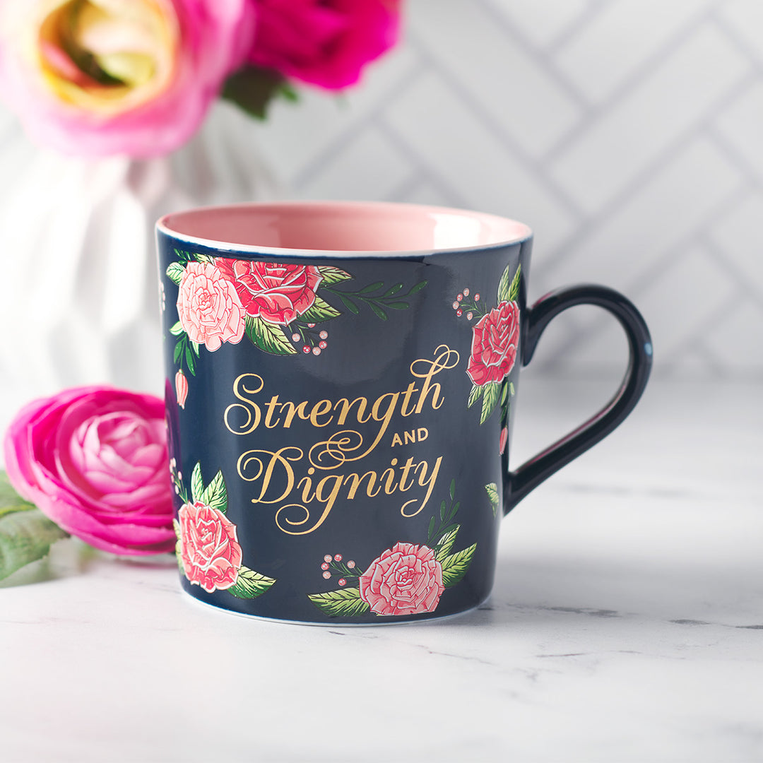Strength And Dignity Navy And Pink Floral Ceramic Mug - Proverbs 31:25