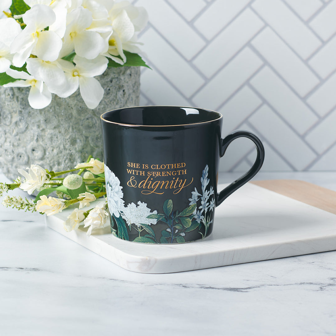 Strength And Dignity Floral Black Ceramic Mug - Proverbs 31:25