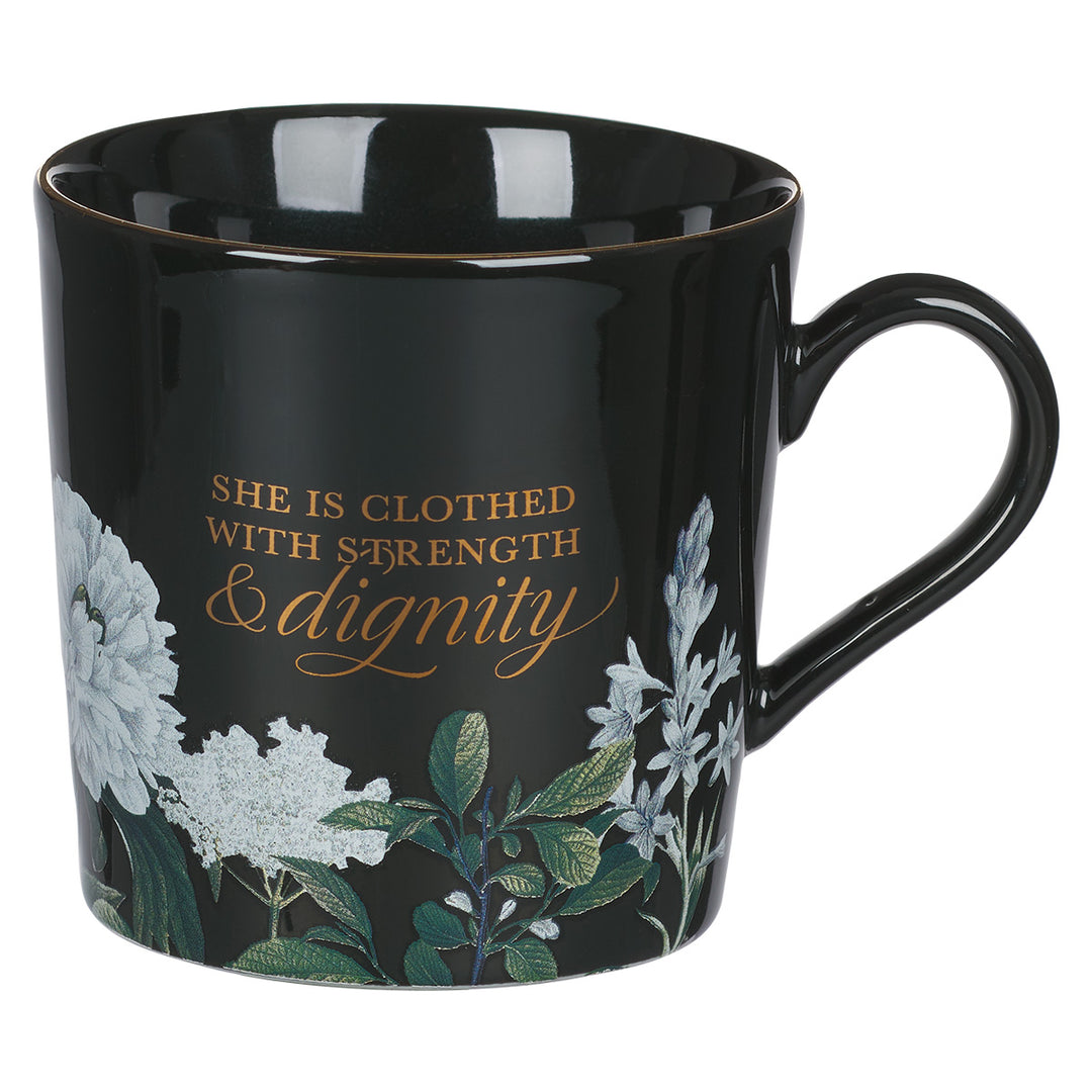 Strength And Dignity Floral Black Ceramic Mug - Proverbs 31:25