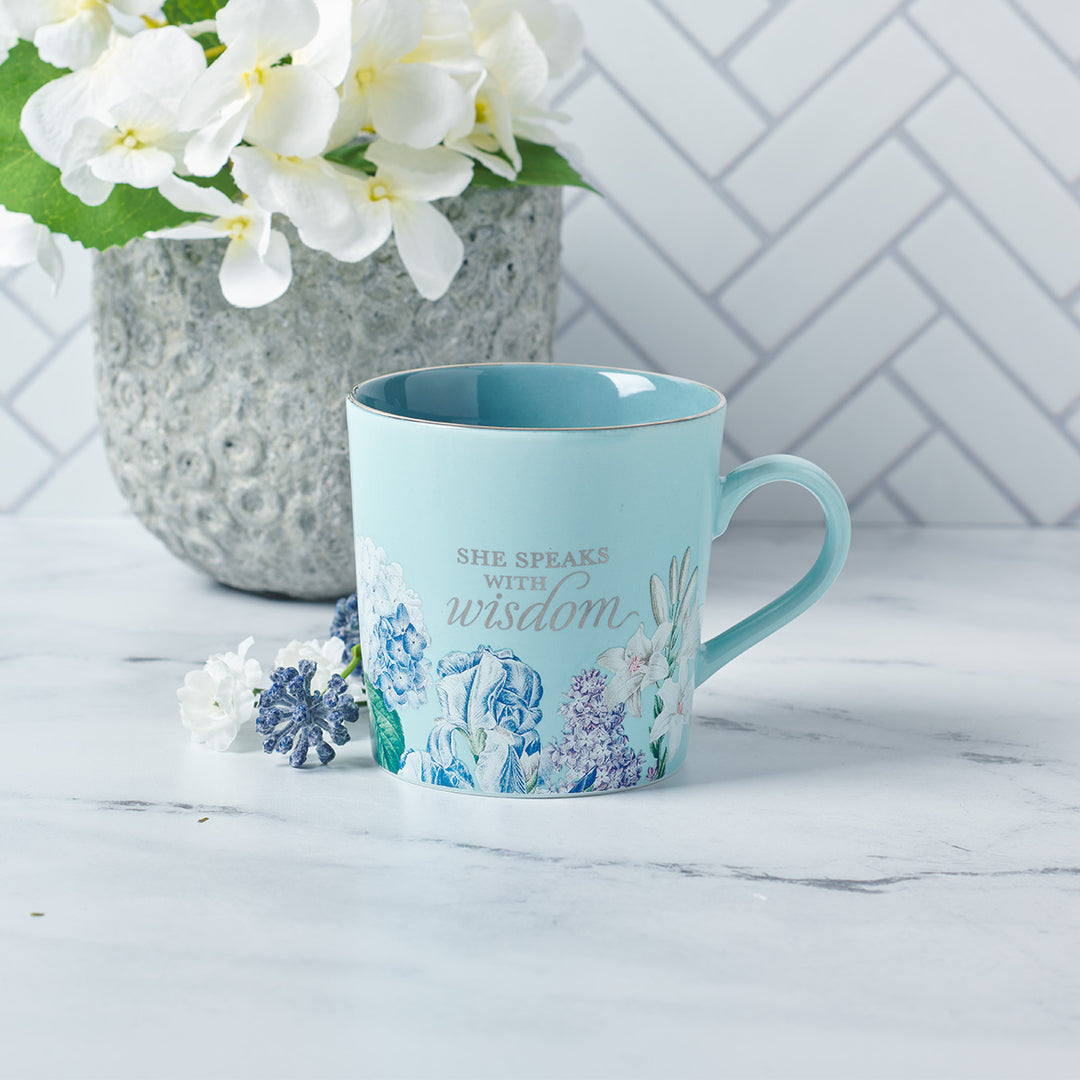 Wisdom Floral Two-Tone Blue Ceramic Mug - Proverbs 31:26