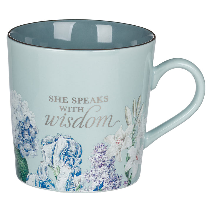 Wisdom Floral Two-Tone Blue Ceramic Mug - Proverbs 31:26