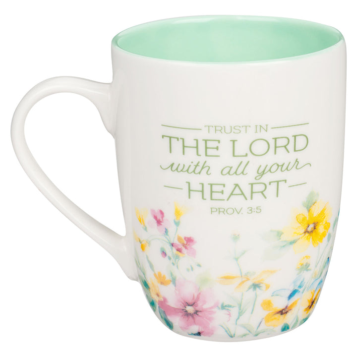 Trust In The Lord With All Your Heart Floral Ceramic Mug With Green Interior - Prov 3:5-6