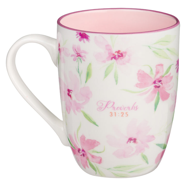 Strength And Dignity Floral Ceramic Mug With Pink Interior - Proverbs 31:25
