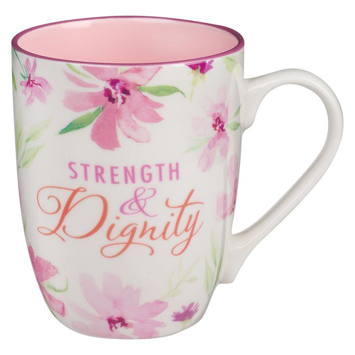Strength And Dignity Floral Ceramic Mug With Pink Interior - Proverbs 31:25