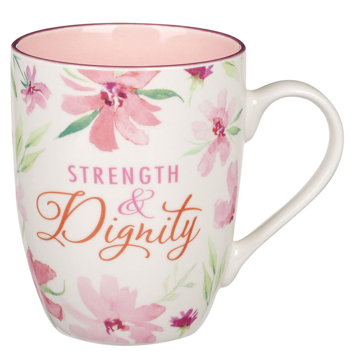 Strength And Dignity Floral Ceramic Mug With Pink Interior - Proverbs 31:25