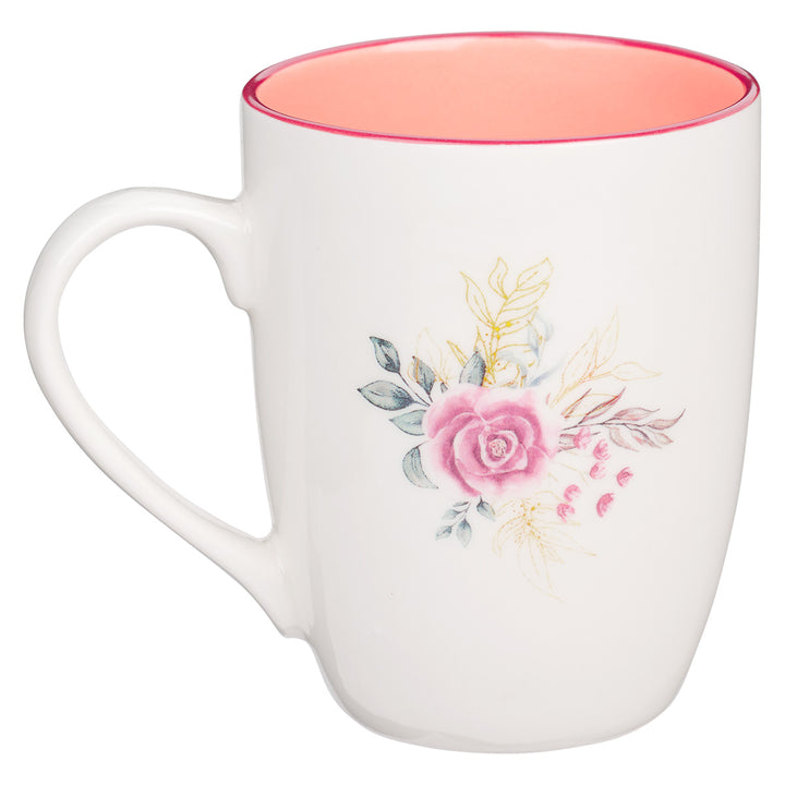 Floral Cross Ceramic Mug With Pink Rim & Interior