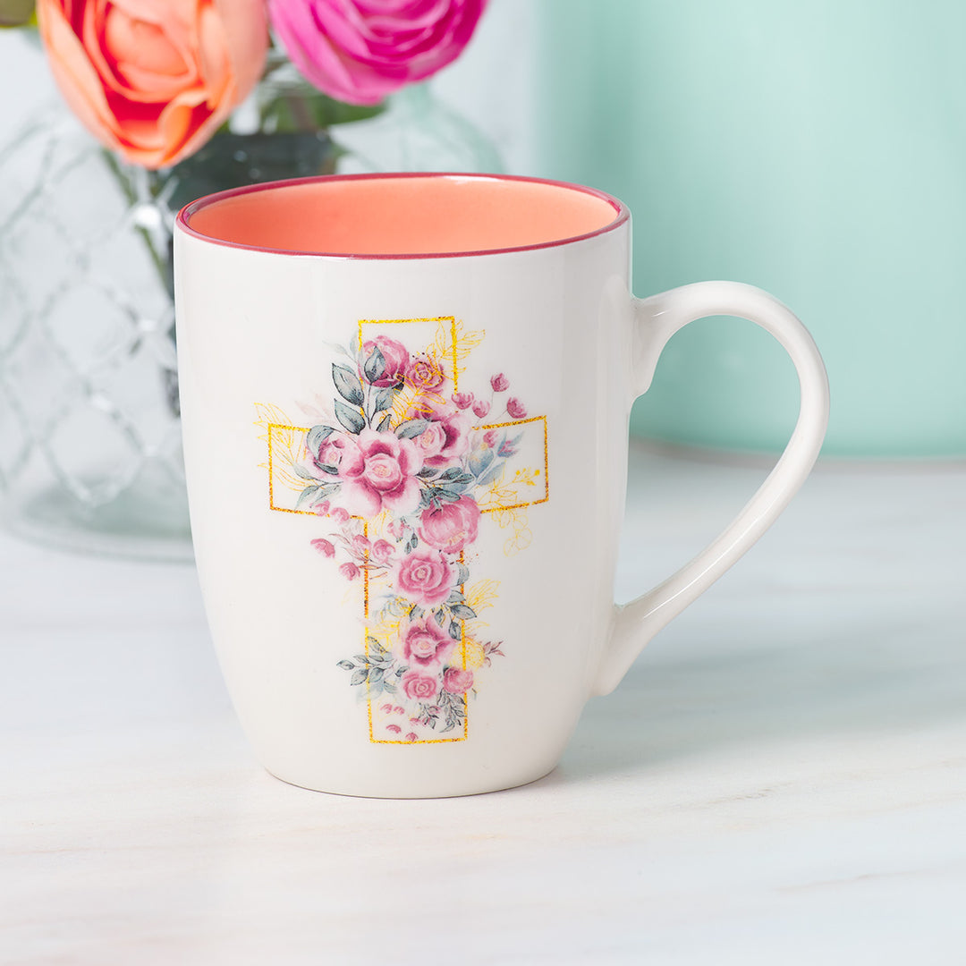 Floral Cross Ceramic Mug With Pink Rim & Interior