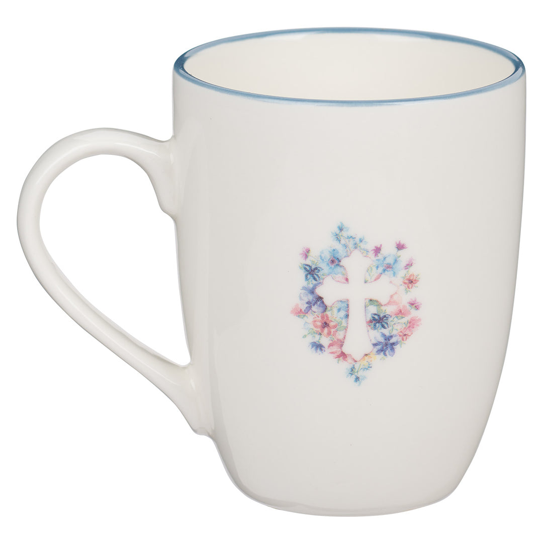 Floral Cross Blue Rimmed Ceramic Mug