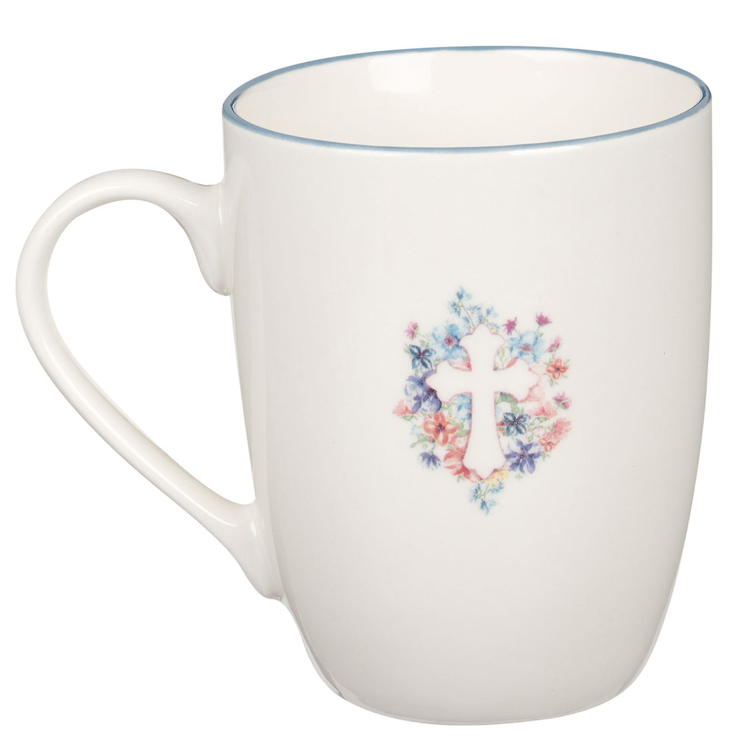 Floral Cross Blue Rimmed Ceramic Mug