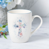 Floral Cross Blue Rimmed Ceramic Mug