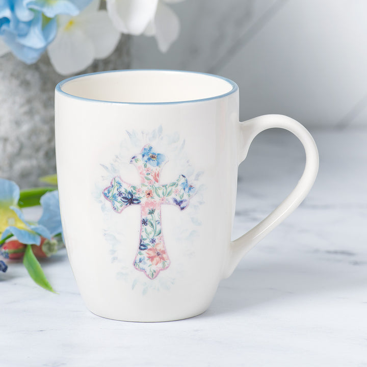 Floral Cross Blue Rimmed Ceramic Mug