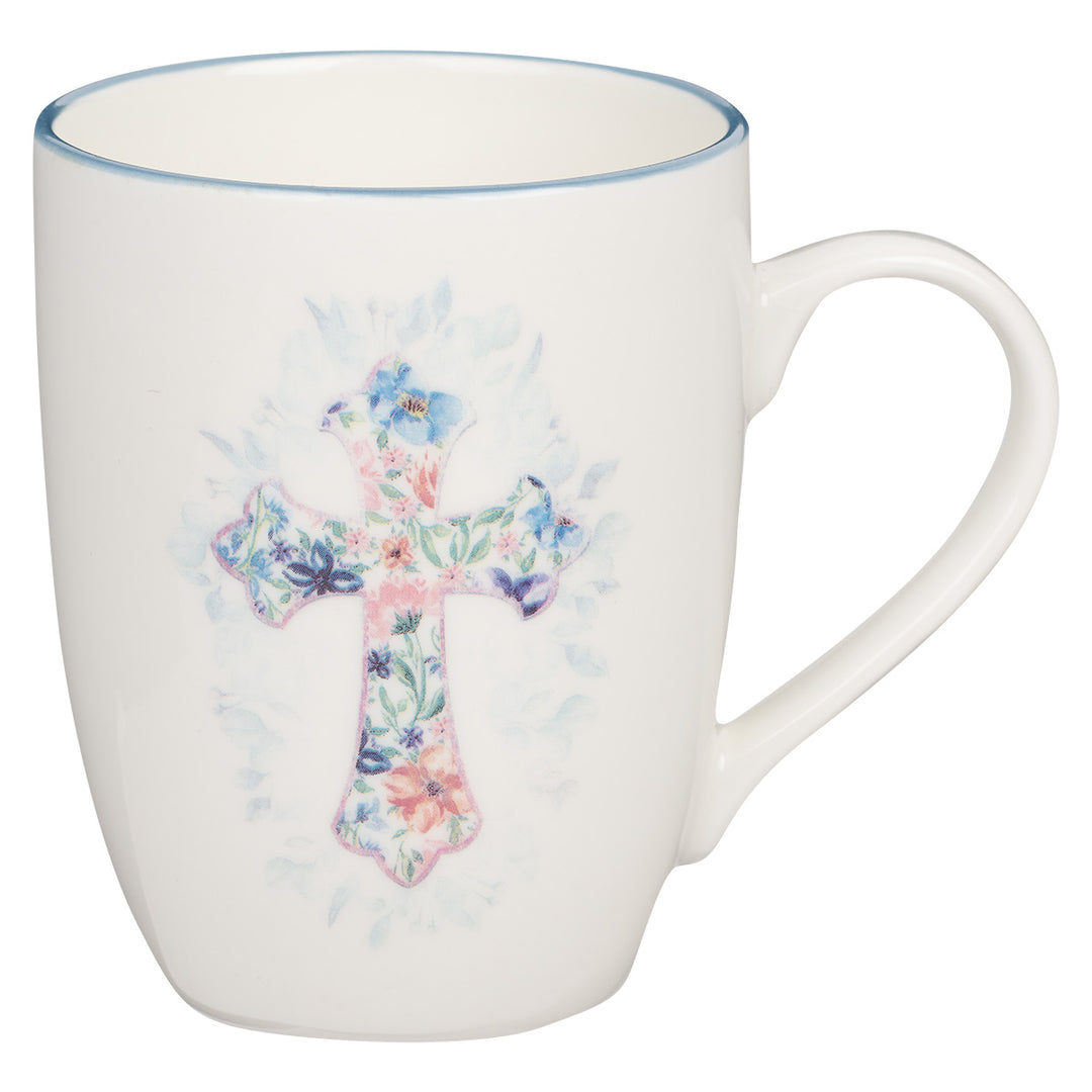 Floral Cross Blue Rimmed Ceramic Mug