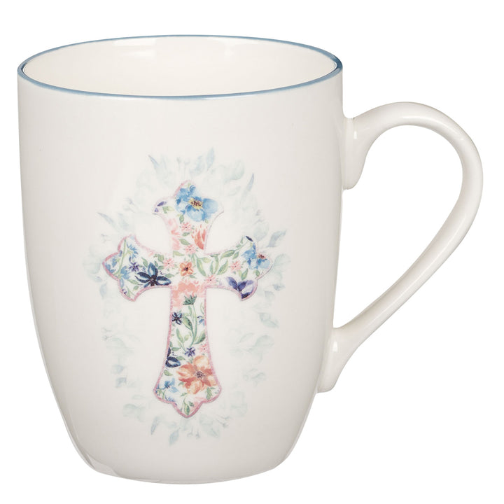 Floral Cross Blue Rimmed Ceramic Mug