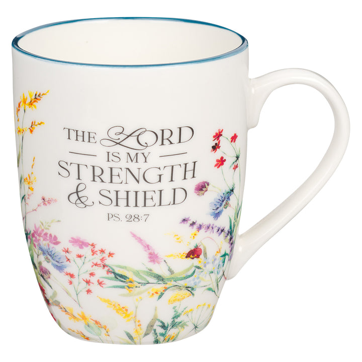 The Lord Is My Strength & Shield Ceramic Mug With Blue Rim - Psalms 28:7