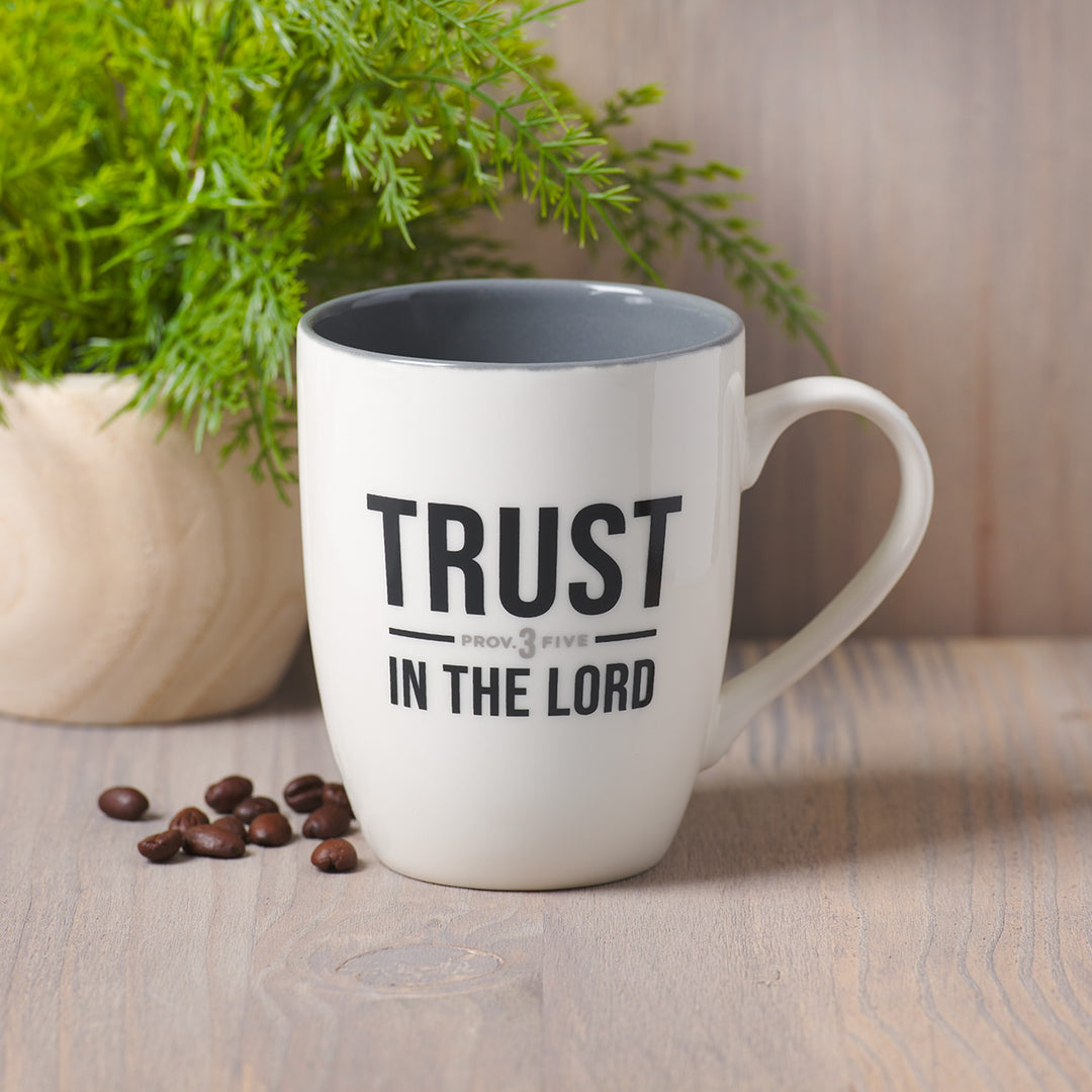 Trust In The Lord White Ceramic Mug With Grey Interior - Proverbs 3:5