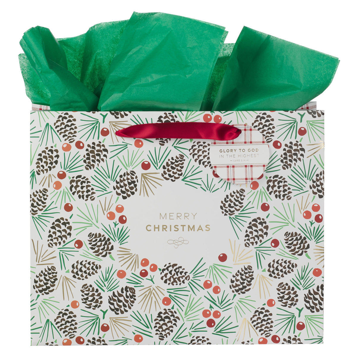 Merry Christmas Landscape Gift Bag with Plaid Gift Tag