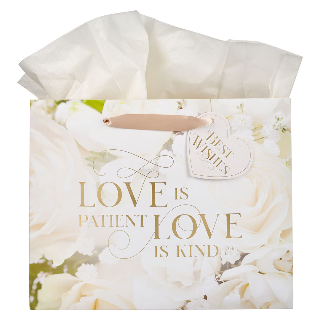 Mr. and Mrs. - Love Is Patient Love Is Kind Large Landscape Gift Bag with Gift Tag