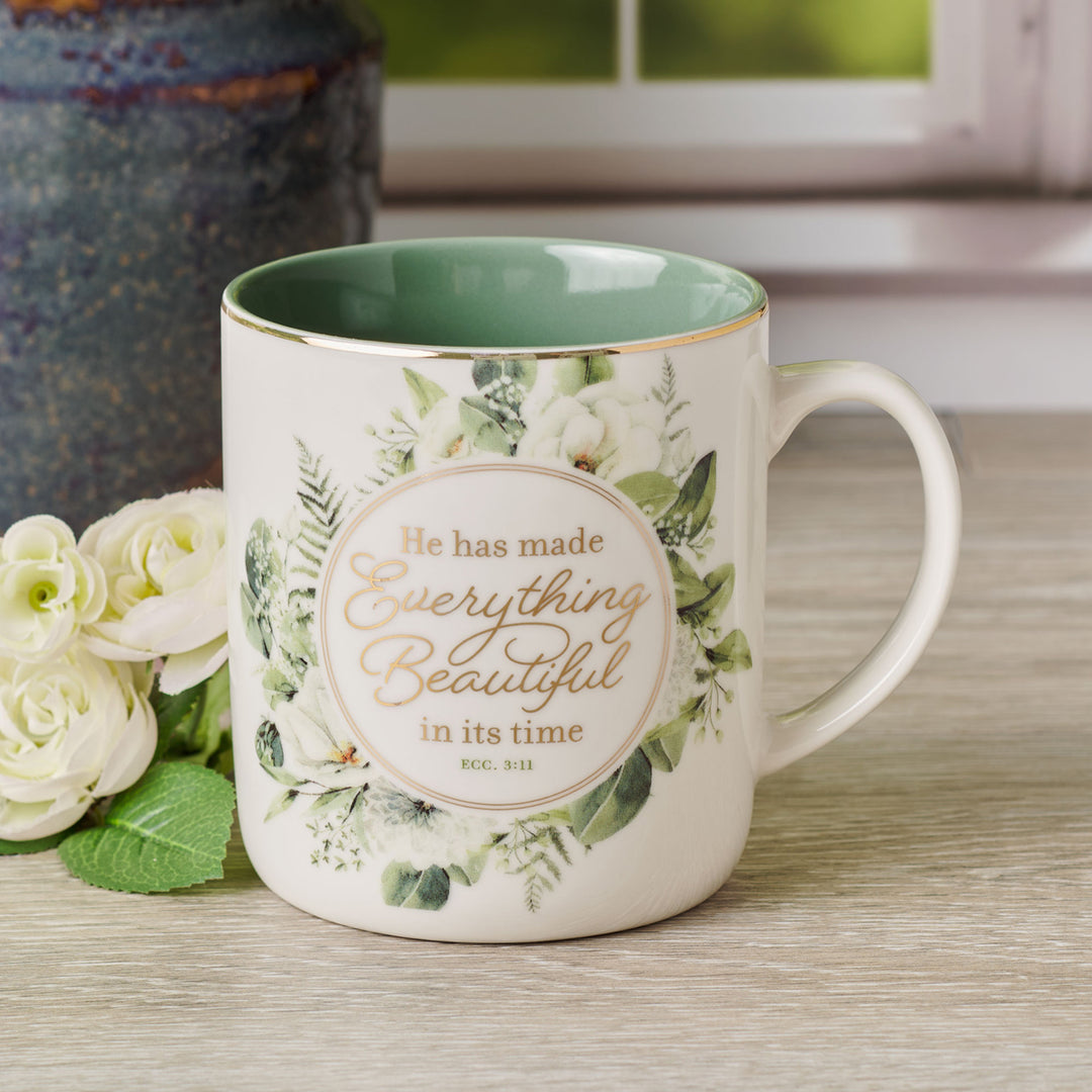 He Has Made Everything Beautiful in It's Time Floral Ceramic Mug with Green Interior