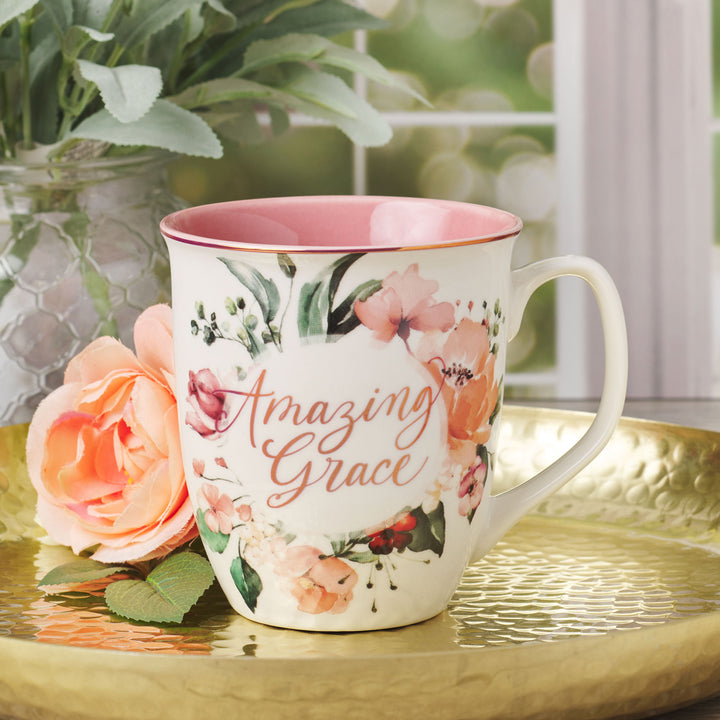 Amazing Grace Floral Ceramic Mug with Pink Interior