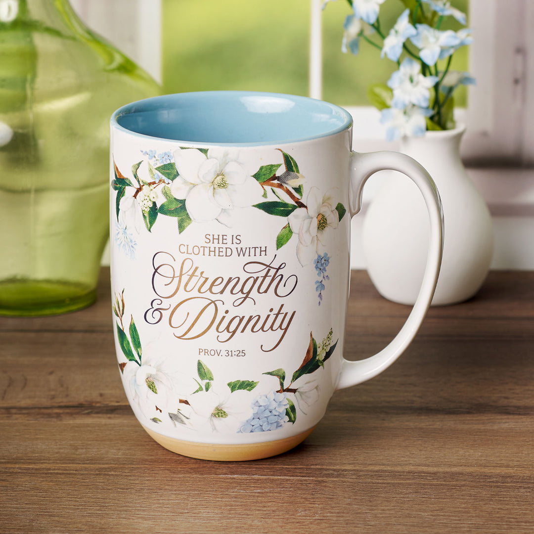 She Is Clothed with Strength and Dignity Floral Ceramic Mug with Blue Interior