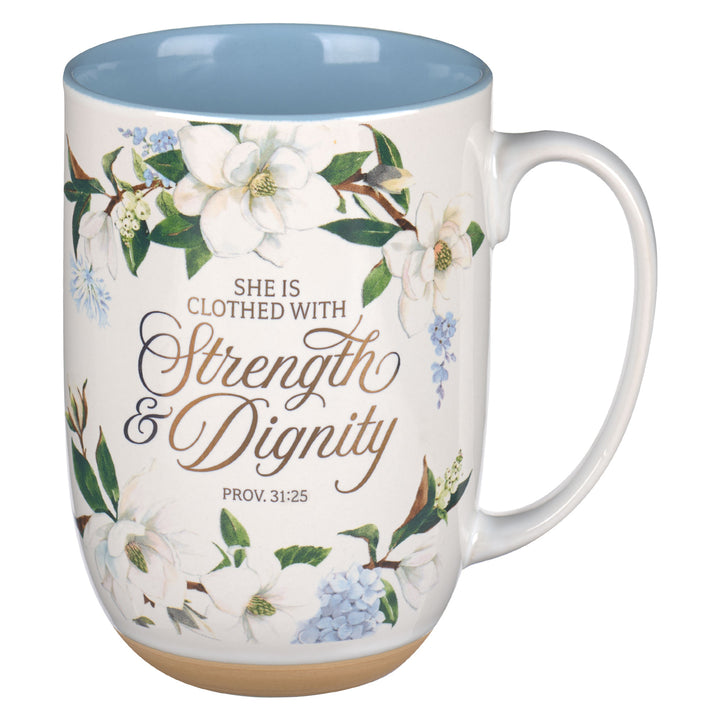 She Is Clothed with Strength and Dignity Floral Ceramic Mug with Blue Interior