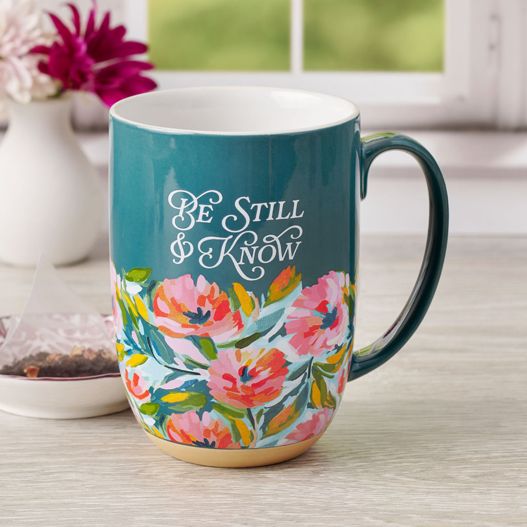 Be Still & Know Floral Teal Green Ceramic Mug