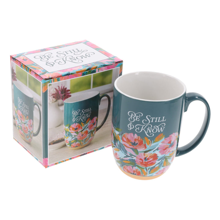 Be Still & Know Floral Teal Green Ceramic Mug