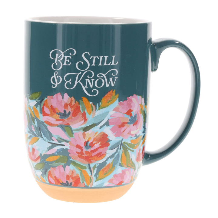 Be Still & Know Floral Teal Green Ceramic Mug