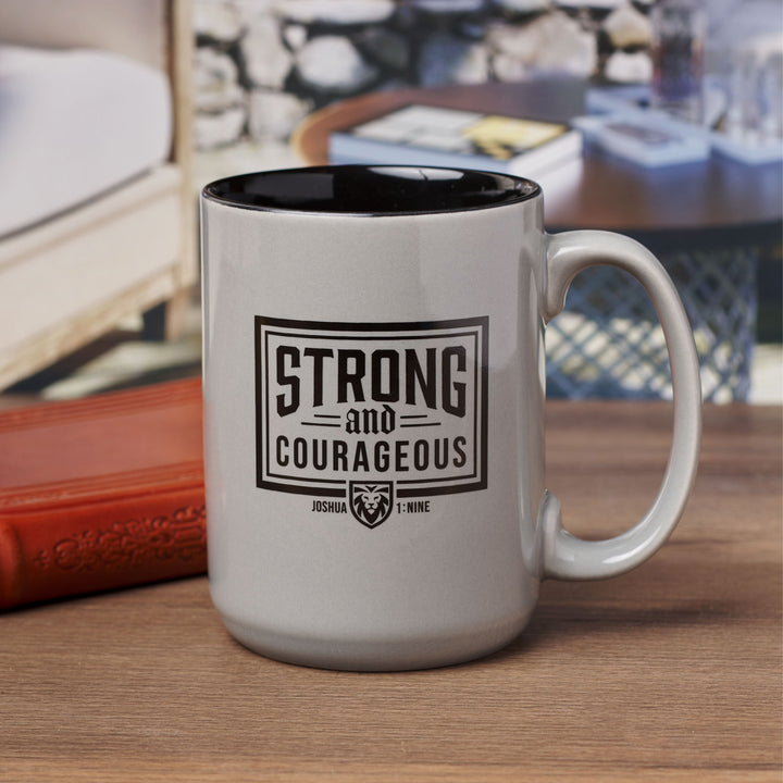 Strong and Courageous Grey Ceramic Mug with Black Interior