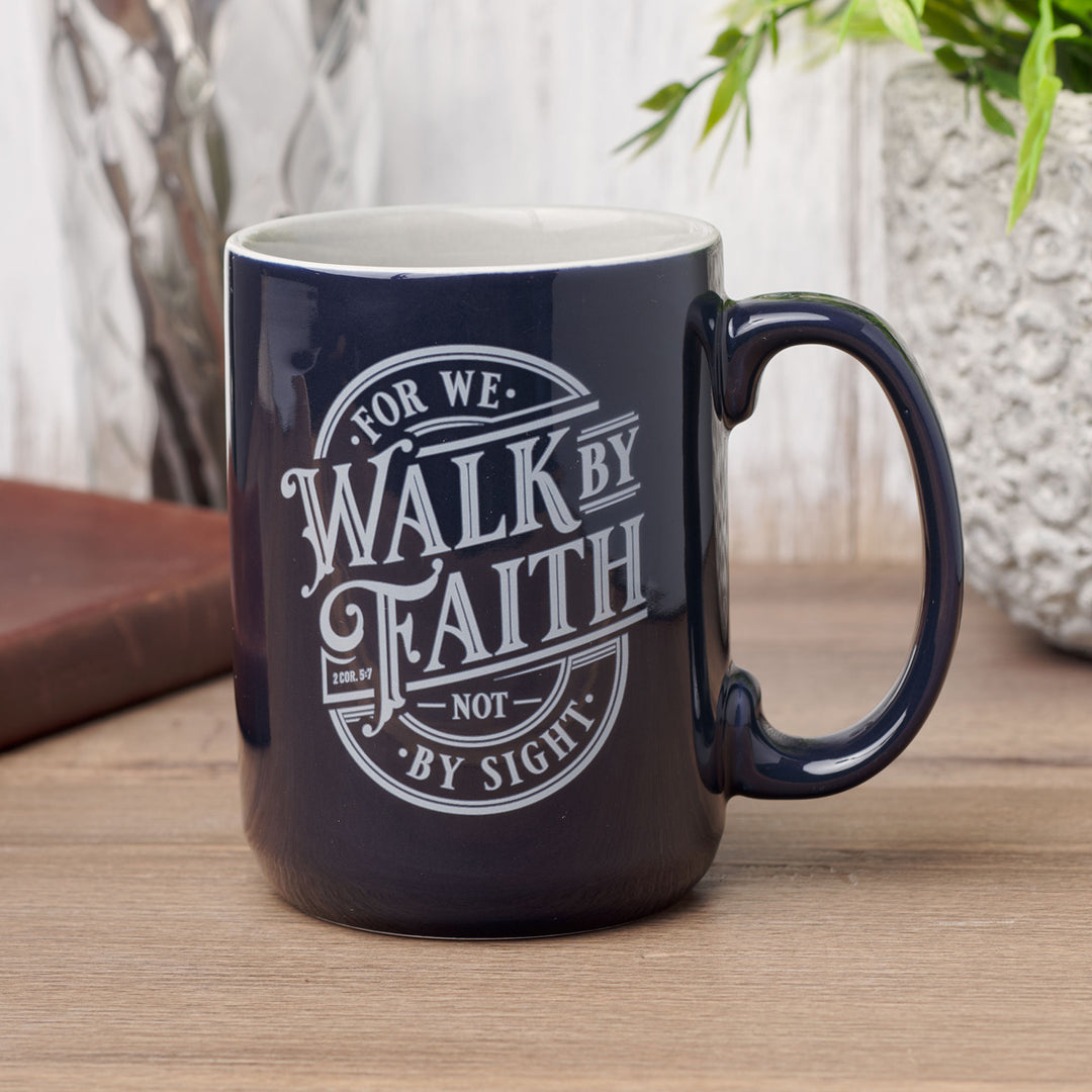 For We Walk by Faith Not by Sight Navy Ceramic Mug with Grey Interior