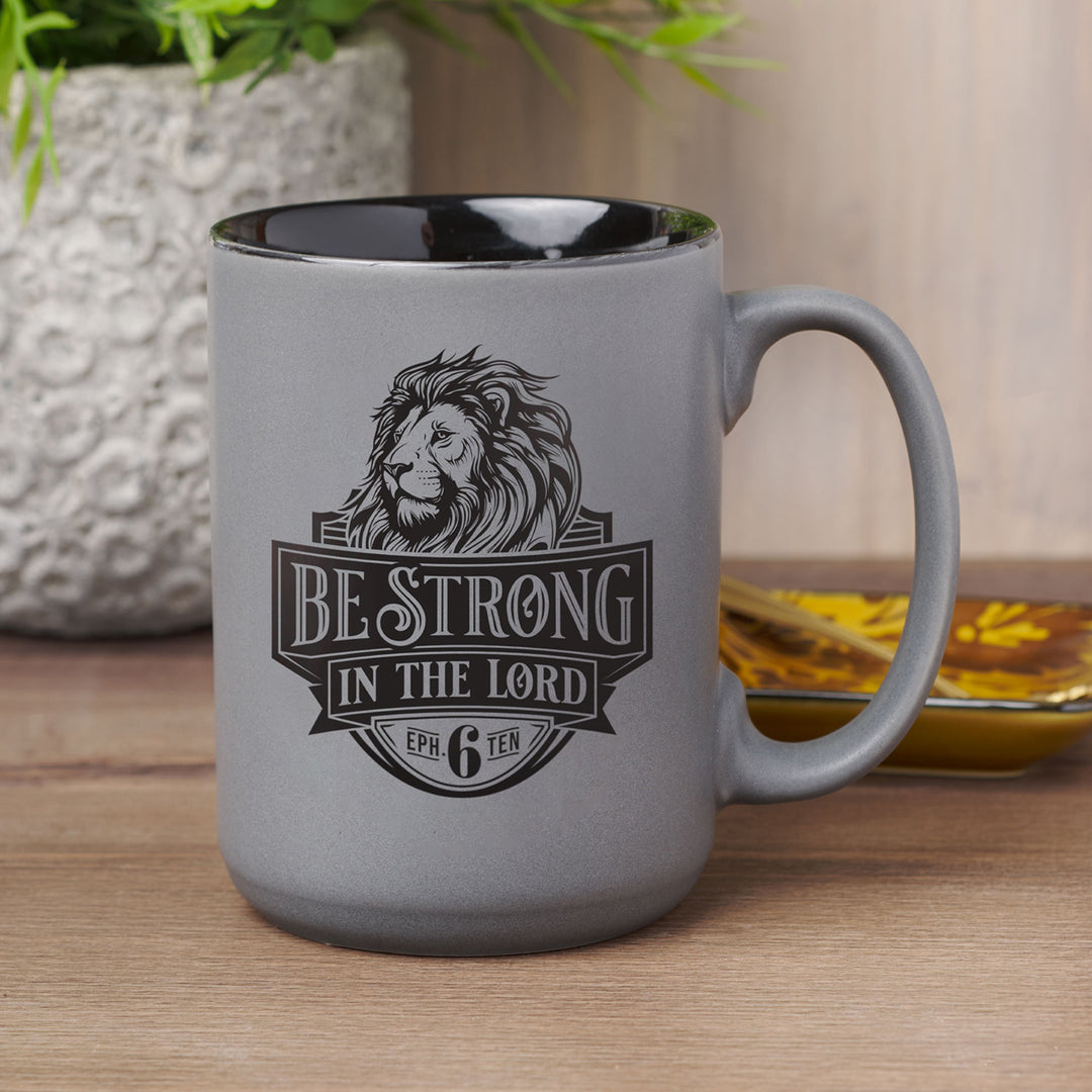 Be Strong in the Lord Matte Grey Ceramic Mug with Black Interior