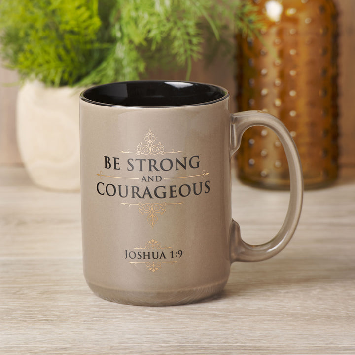 Be Strong and Courageous Brown Ceramic Mug with Black Interior