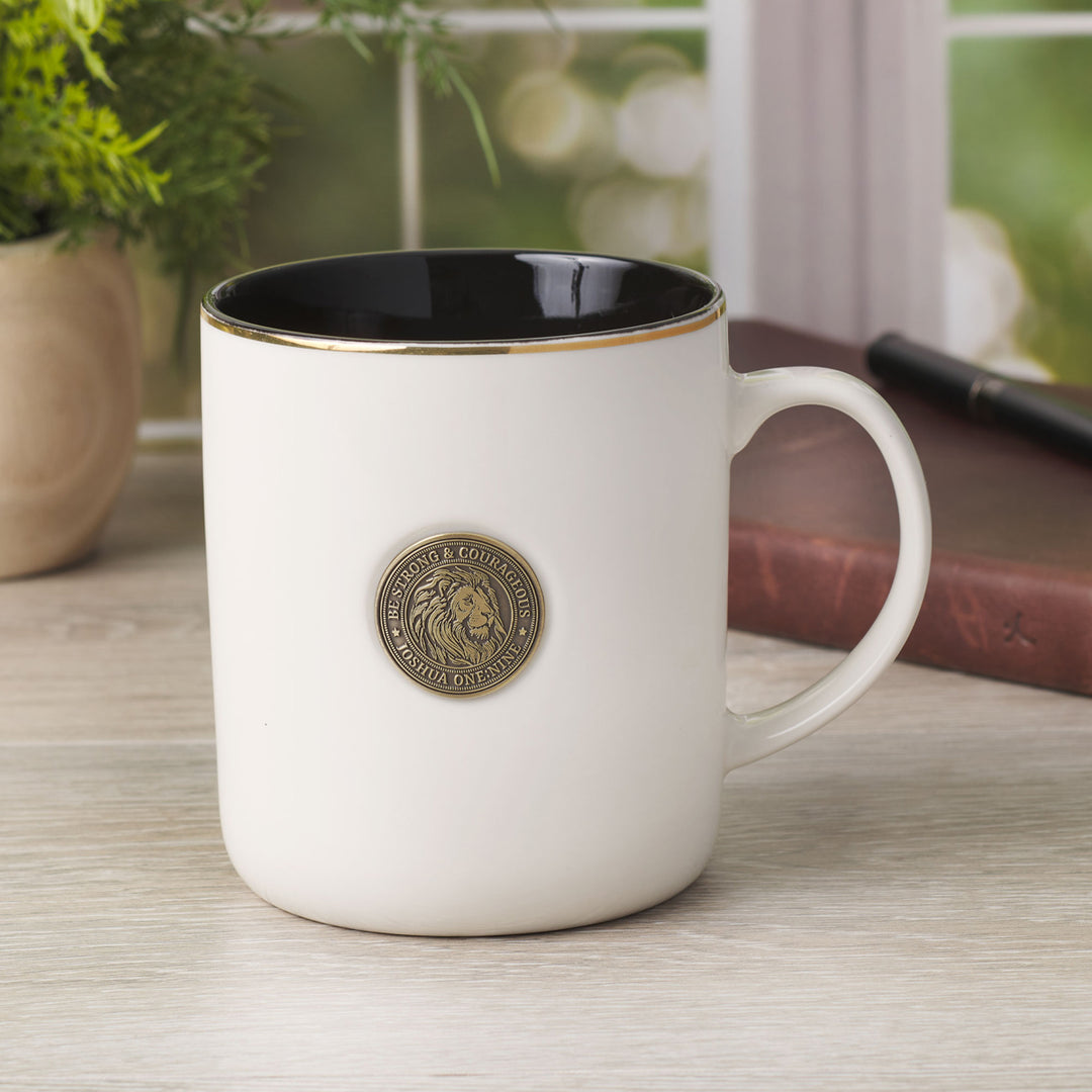 Be Strong and Courageous with Lion Coin and Black Interior Ceramic Mug