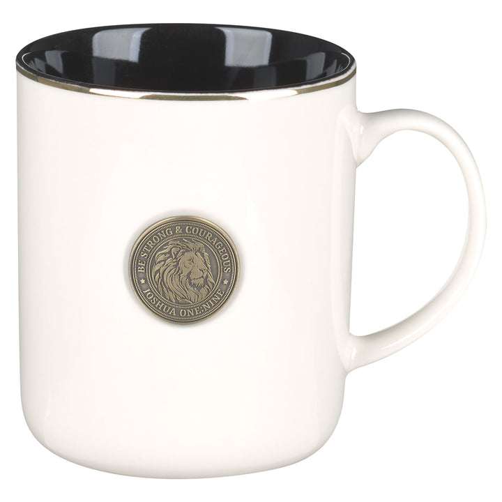 Be Strong and Courageous with Lion Coin and Black Interior Ceramic Mug