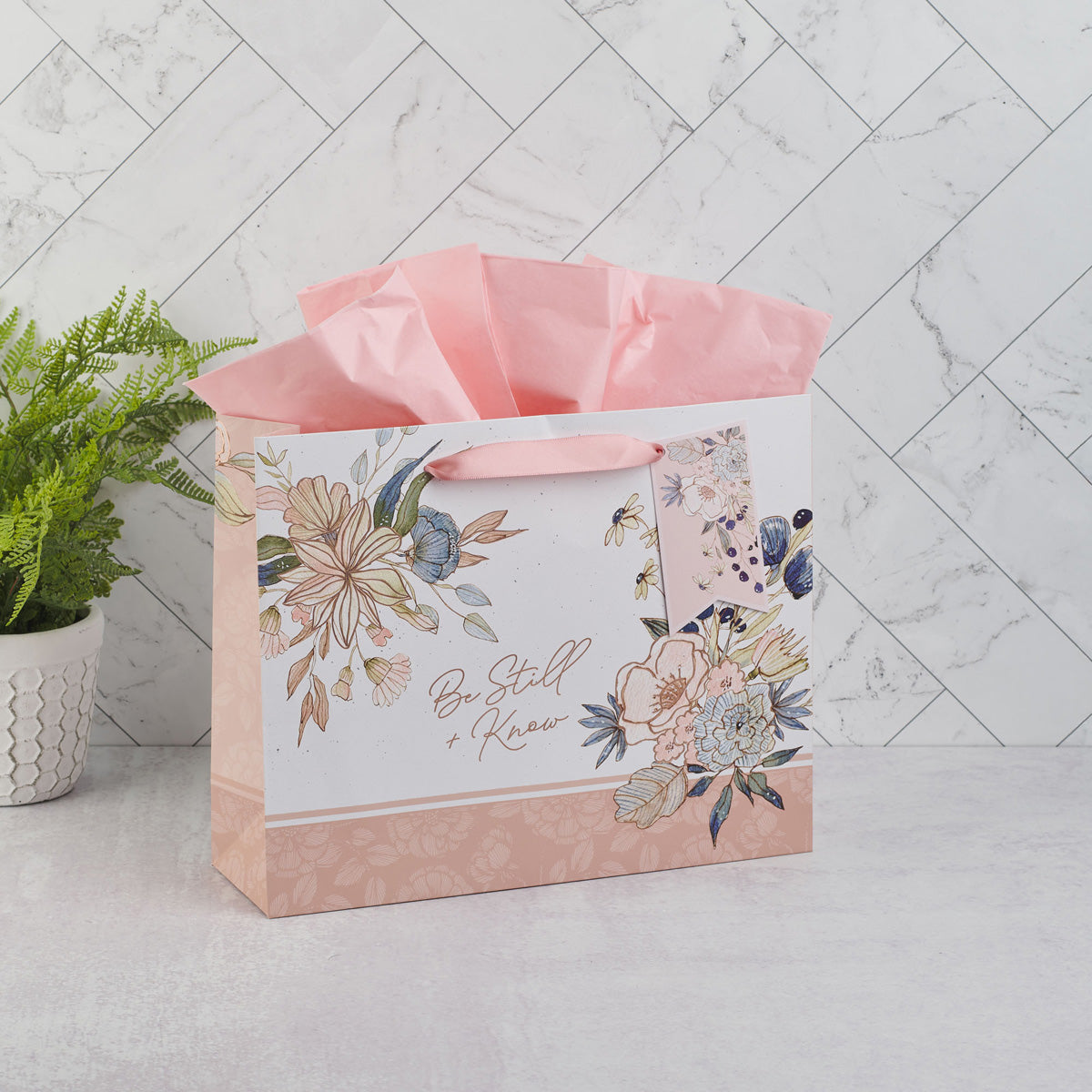 Be Still and Know Pink and Blue Floral Large Landscape Gift Bag with Gift Tag