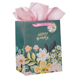 Happy Birthday Dark Floral Portrait Gift Bag with Gift Tag