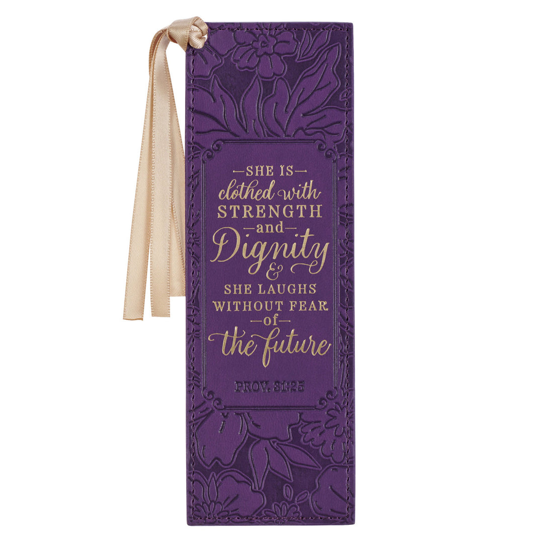 She Is Clothed with Strength and Dignity Purple Faux Leather Bookmark