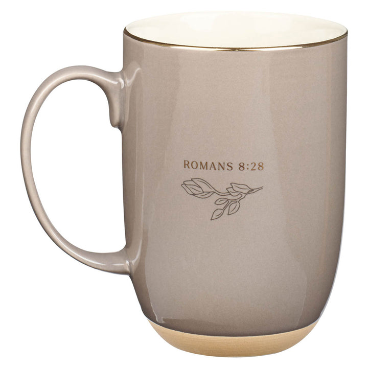 God Works Together All Things for Good Taupe Ceramic Mug with Cream Interior