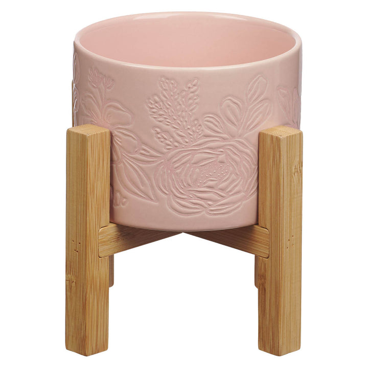 Pink Floral Ceramic Planter with Wooden Stand Set