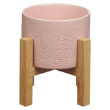 Pink Floral Ceramic Planter with Wooden Stand Set