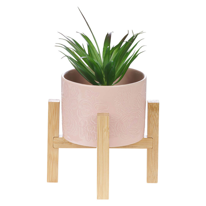 Pink Floral Ceramic Planter with Wooden Stand Set