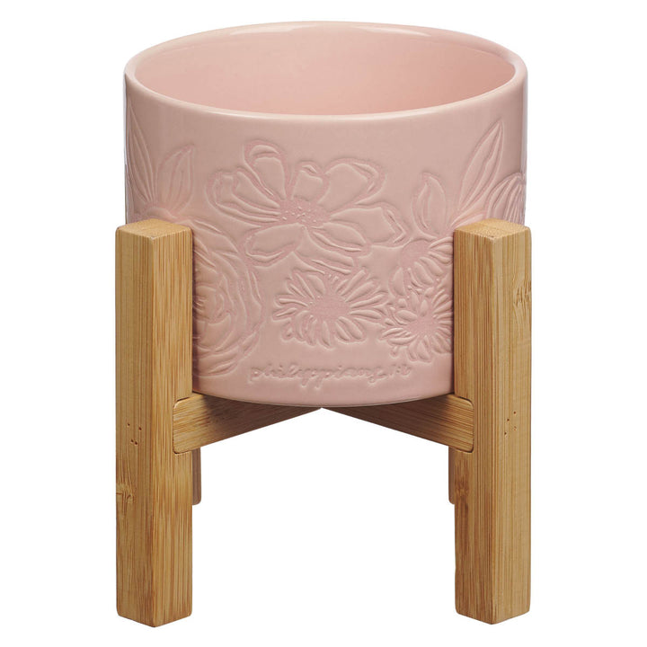 Pink Floral Ceramic Planter with Wooden Stand Set